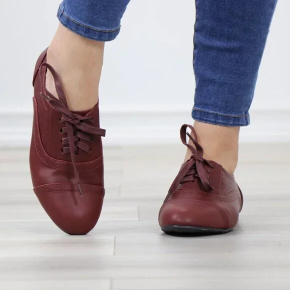 Wine Synthetic Leather Lace up Flat Heel Oxford Style Shoes - Picture 13 of 15